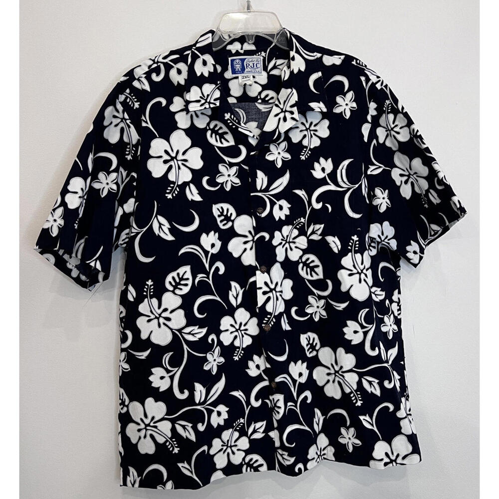 Vintage RJC Hawaiian Aloha Navy Blue White floral cotton button shirt 2XL